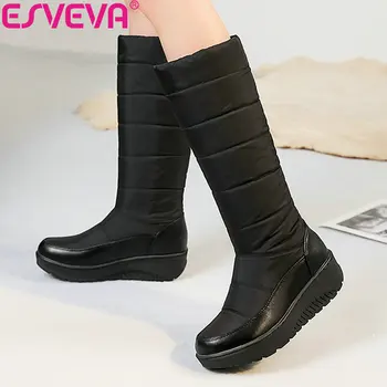 

ESVEVA 2019 Women Shoes Warm Round Toe Winter Boots Slip on Wedges Low Heels Shoes Snow Boots Warm Knee-high Boots Size 35-43