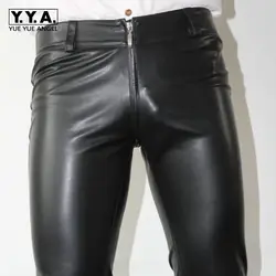Новые пикантные на молнии дизайнерские мужские узкие брюки карандаш из искусственной кожи Эластичный Человек Длинные мотобрюки панк плюс