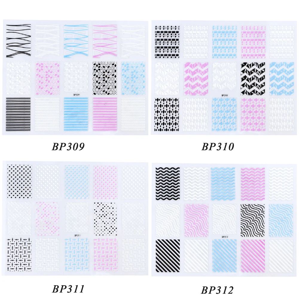 1 шт 3D слайдер для ногтей, фольга, черно-белая наклейка, геометрические цветы, полосы, самоклеющиеся украшения для ногтей, CHBP301-316