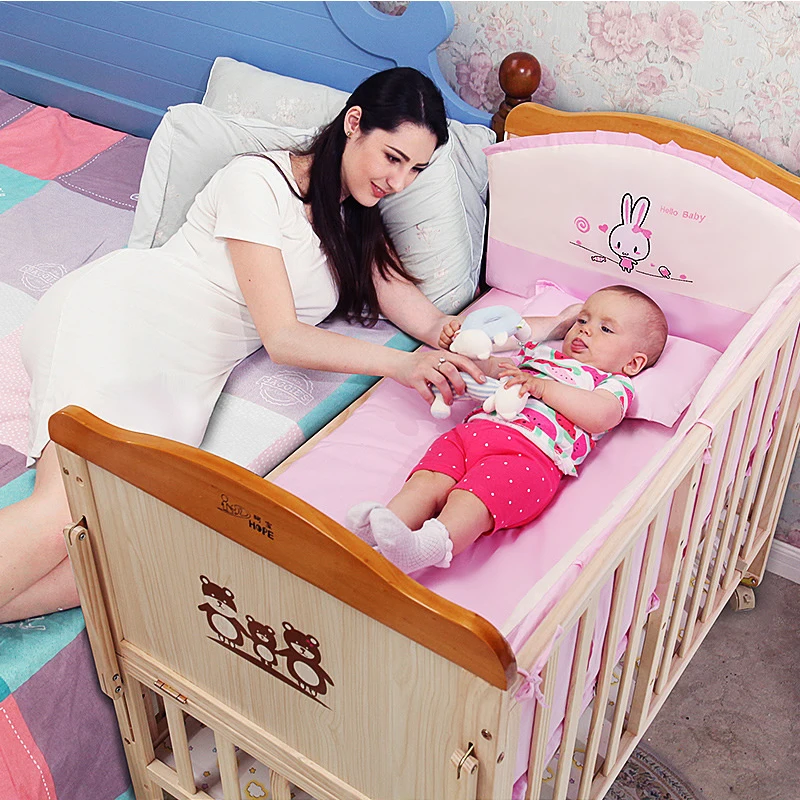 

Crib solid wood without paint children's bed stitching bed multi-functional baby bed