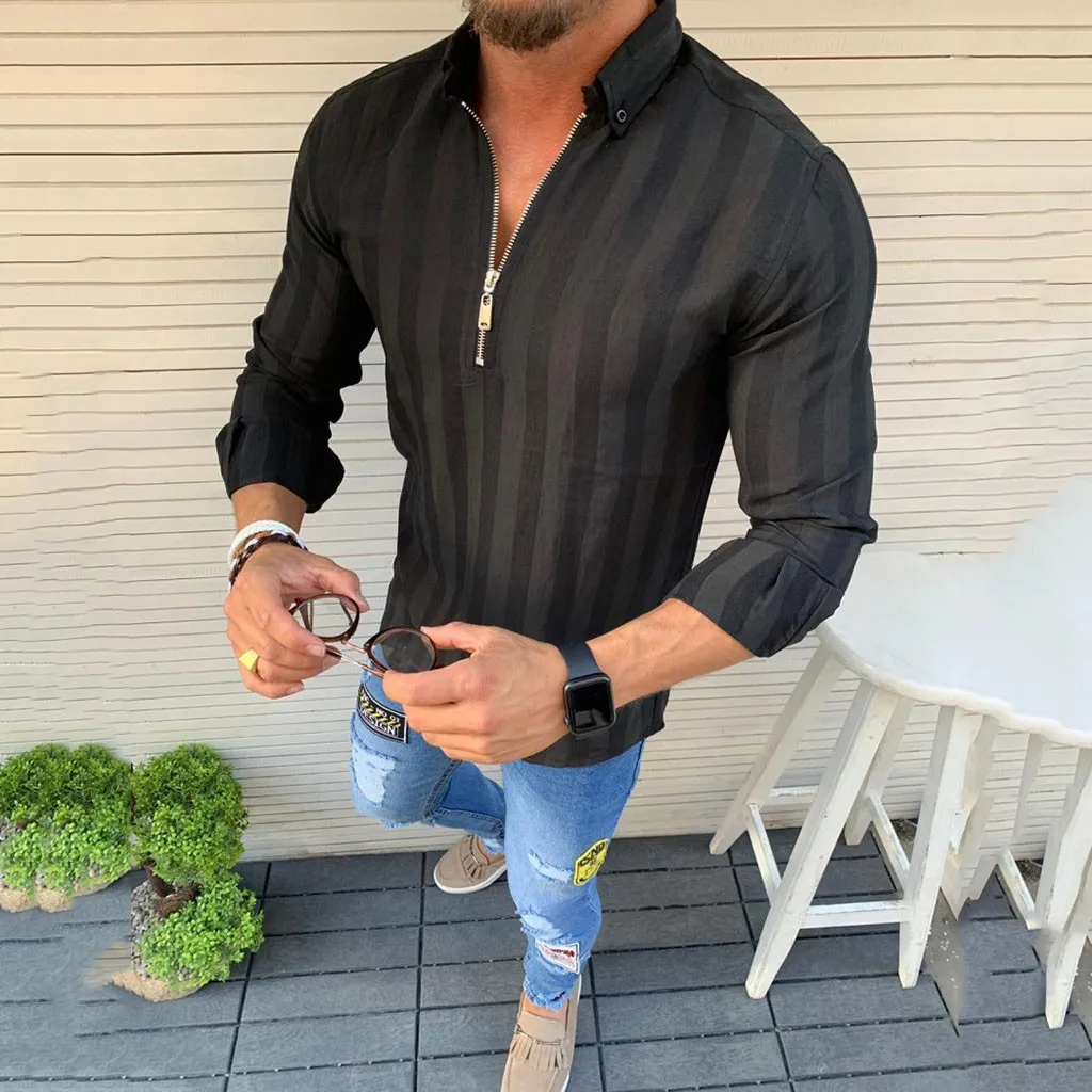 camisa masculina Summer men's Shirt casual striped stand collar Long sleeve Zipper shirt Top hawaiian shirt chemise Yellow Black