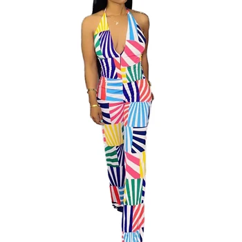 

Summer Line Print Halter Backless Sexy Women Jumpsuits Deep V Sleeveless Plus Size Party Romper Holiday Casual Club Overalls
