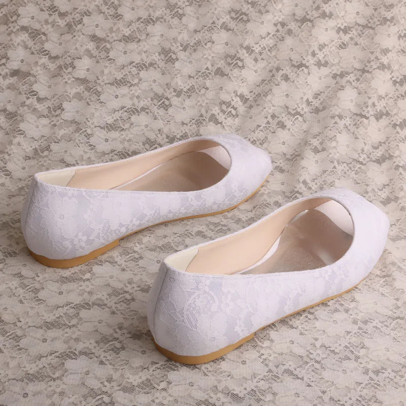 Белые кружевные туфли с открытым носком; свадебные женские туфли на плоской подошве