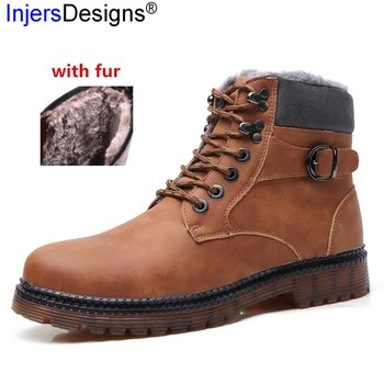 

Plus Size 39-47 Tooling Shoes Men Martin Boots Winter New Fashion Metal Warm With Fur Work Boots Lace-Up Soft Ankle Botas Hombre