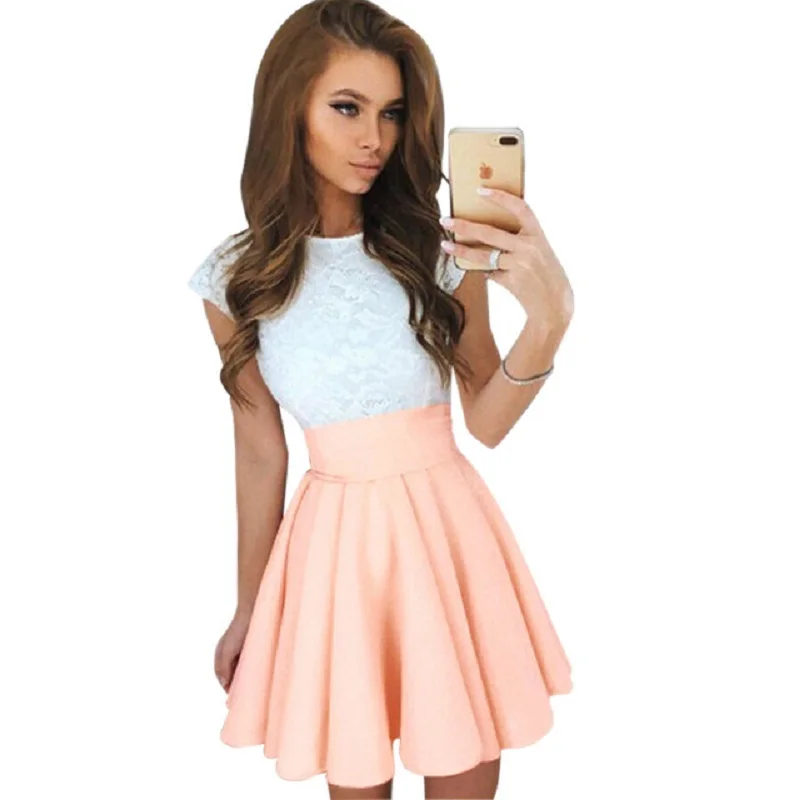 

Lace Dress 2018 Summer Beach Women Dress Cute Flare Belt Short Sleeve Dresses A -Line Mini Party Dress Vestidos