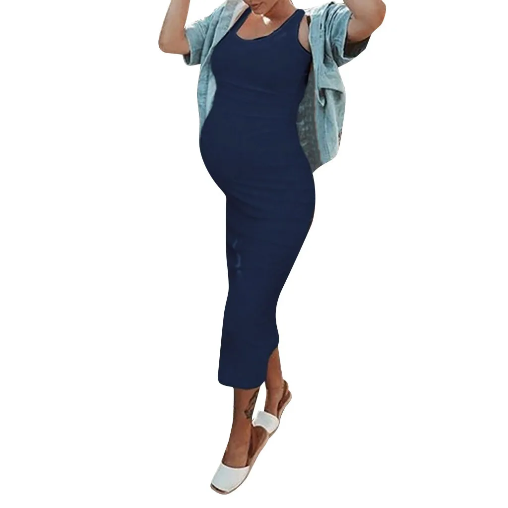 

MUQGEW New Maternity Dresses maternity dress Sleeveless Mid-Calf Dress Solid O-neck clothes for pregnant women zwangerschapsjurk