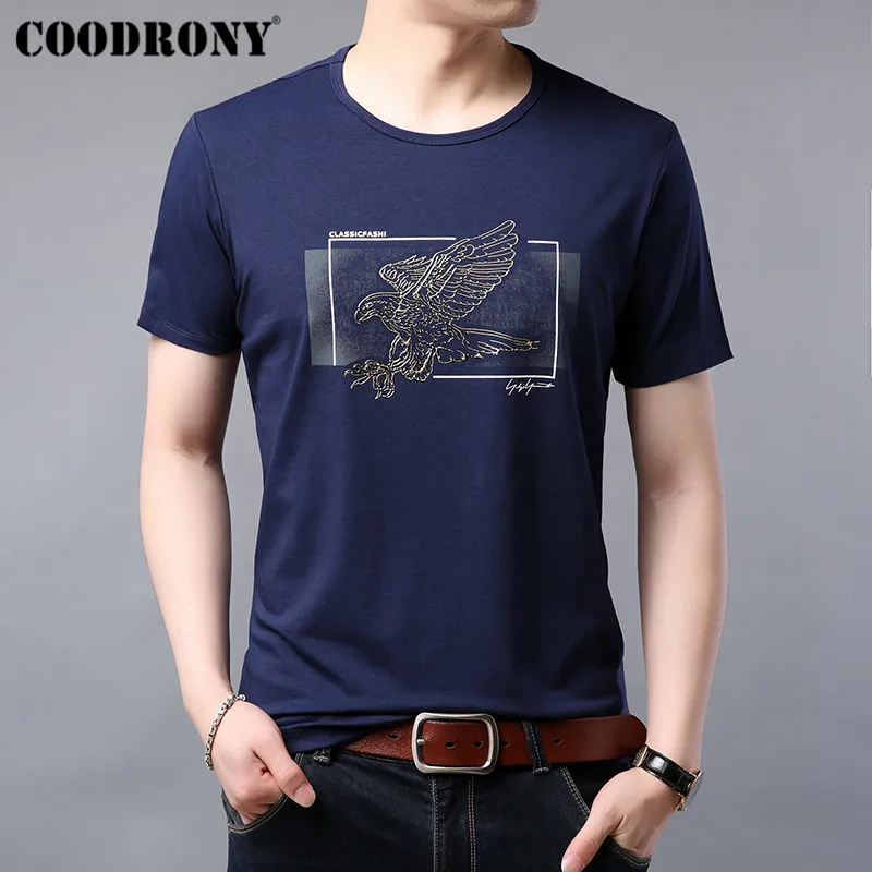 COODRONY хлопковая Футболка мужская футболка с коротким рукавом Мужская Летняя Повседневная футболка с круглым вырезом Homme картина с орлом мужские футболки S95050 - Цвет: Синий