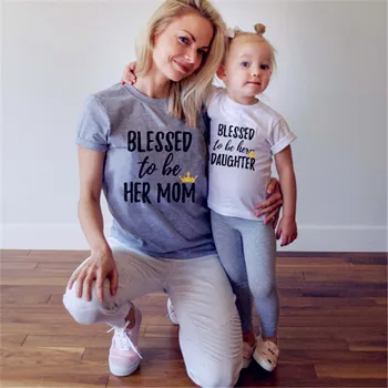 

Blessed To Be Her Mother Daughter Pattern T Shirt 2018 Summer Mother and Daughter Clothes Matching Family Shirts Clothing