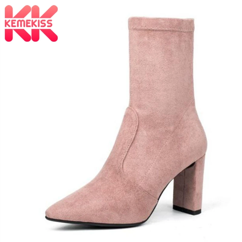 

KemeKiss 4 Color Women High Heel Boots Solid Color Pointer Toe Ankle Boots Winter Keep Warm Shoes Women Footwear Size 33-40