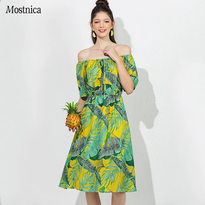 

Mostnica Summer Plant Printed Strapless Beach Women Dresses for Party Off Shoulder Sling Algefacient Green Casual Dress Lady