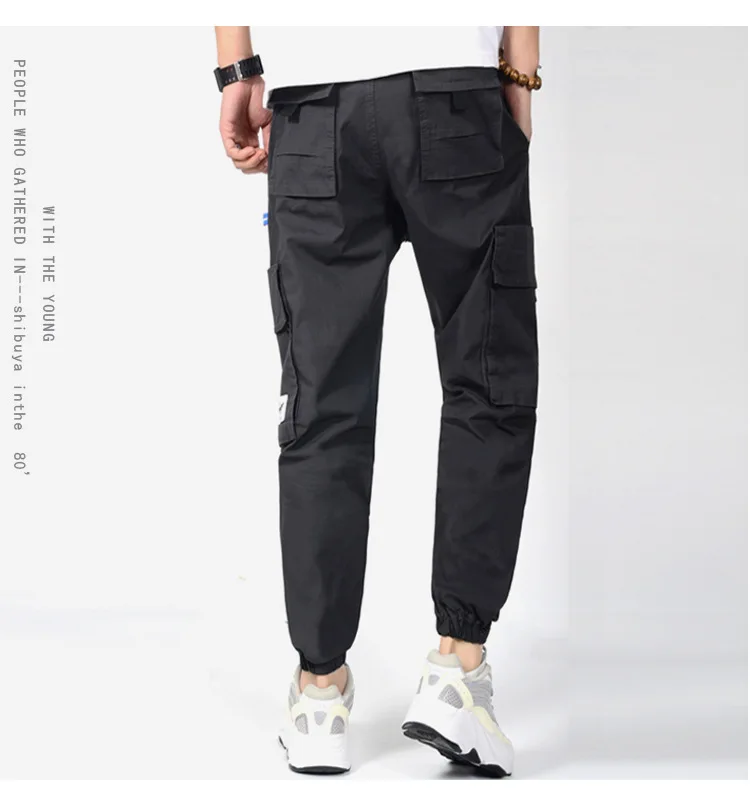 Color Block Pockets Cargo Harem Ribbon Pants Mens Casual Joggers Baggy Tactical Trouser Harajuku Streetwear Hip Hop Fashion Male