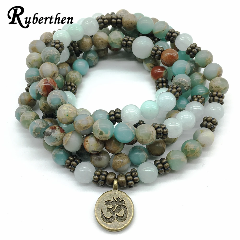 

Ruberthen 2018 Design Bronze Ohm Necklace Aqua Terra Jaspeer Bracelet or Necklace Meditative Healing 108 Mala Yoga Jewelry