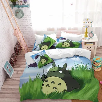 

Kids Totoro Bedding Set Cartoon Green Natural Scenery Duvet Cover Set Susuwatari Printed Bedding King Queen Quilt Cover 3Pcs