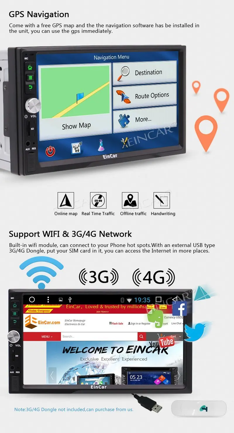 Cheap Android 7.1 Autoradio 2 Din Car FM Stereo Head Unit GPS Navigation Sat Nav HD Touch Screen Support USB/SD OBD 3G/4G Dual Cam-IN 4