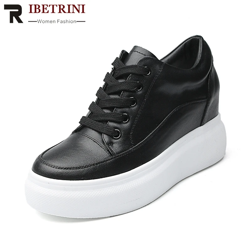 

RIBETRINI New Arrivals 2019 Genuine Leather Hot Sale Solid Shoes Woman Sneaker Lace Up Round Toe Platform Shoes Women Sneaker