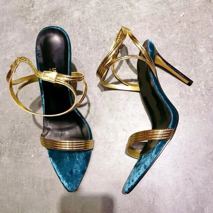 

2019 Newest Gold Cross Strap Women Sandals Cut-out Blue Velvet Gladiator Sandals Women Dress Shoes Hollow Banquet Shoes