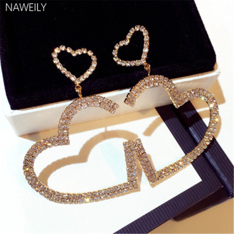 

NAWEILY Big Heart Crystal Earrings Silver Needle Shiny Rhinestone Drop Earring For Woman Girl Fashion Jewelry Female 2018 New