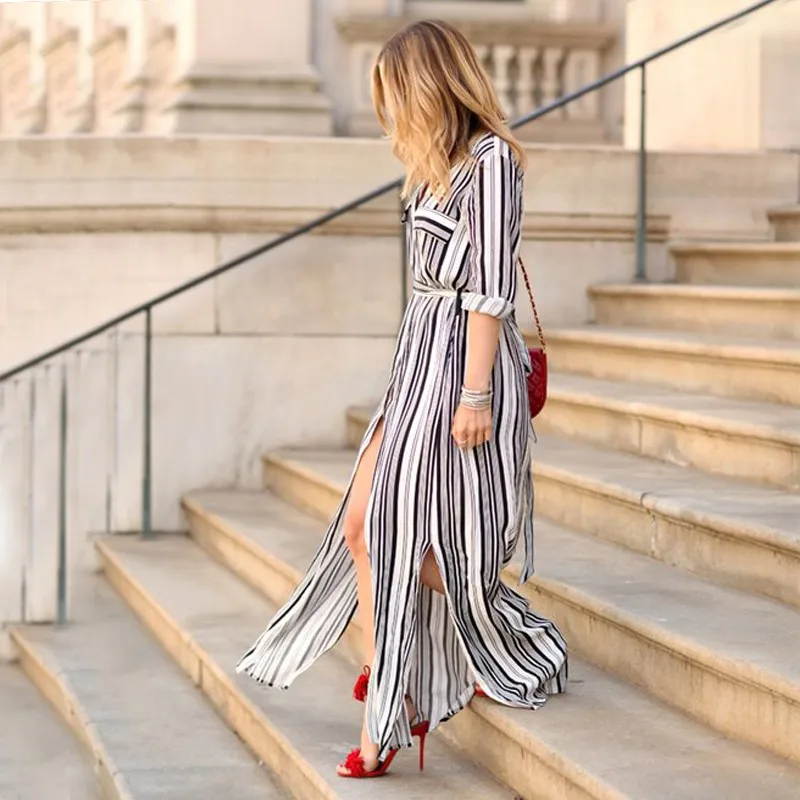 White Striped Maxi Shirt Dress Long 