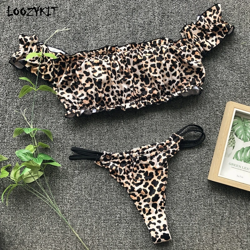 

LOOZYKIT 2019 Women Two-Piece Swimwear Ruffle Off Shoulder Strapless Bikini Set Push-Up Padded Leopard Bathing Suit Summer