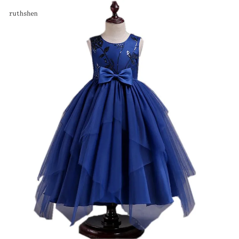 Ruthshen/платье с цветочным узором для девочек, многослойное фатиновое темно-синее Пышное Платье, бальное платье принцессы для маленьких