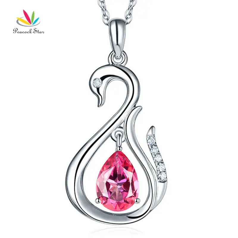 

Peacock Star 14K White Gold 2.5 Ct Pink Topaz Swan Pendant Necklace 0.06 Ct Diamond