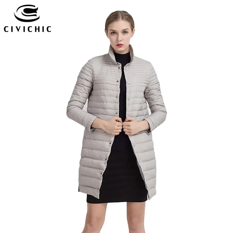 

CIVICHIC High Quality Woman Fashion Light Down Jacket Buttons Thin Warm Coat Lady Casual Mid Long Slim Eiderdown Outerwear DC518