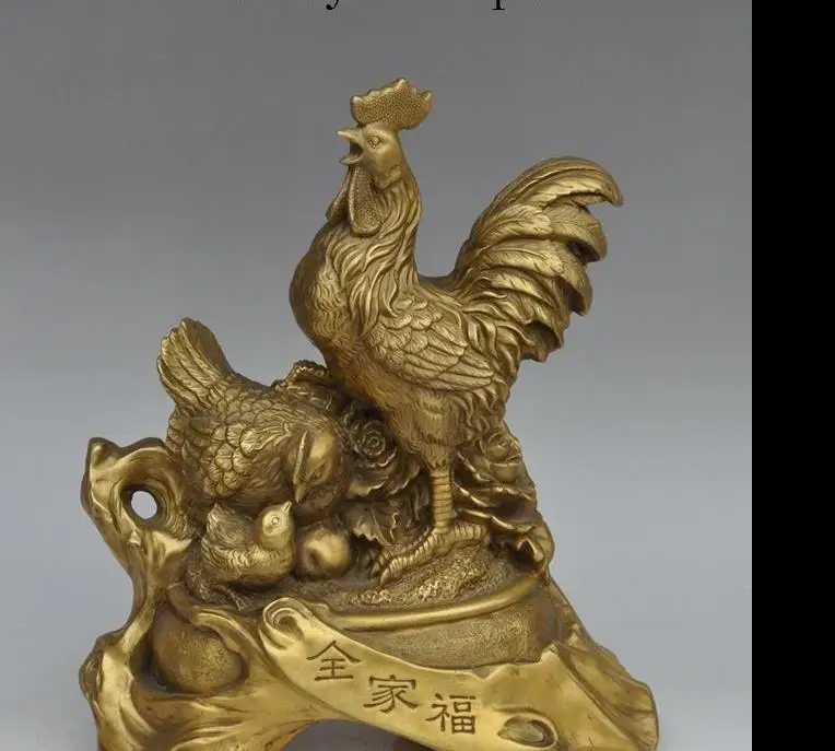 

671115427++++12" Chinese fengshui brass zodiac animal Rooster Hen chicken family lucky statue