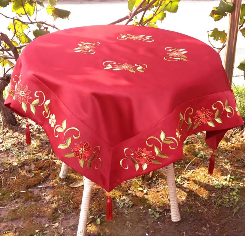 Red satin holiday embroidered Square Tablecloth 34X34" SQ(85x85cm