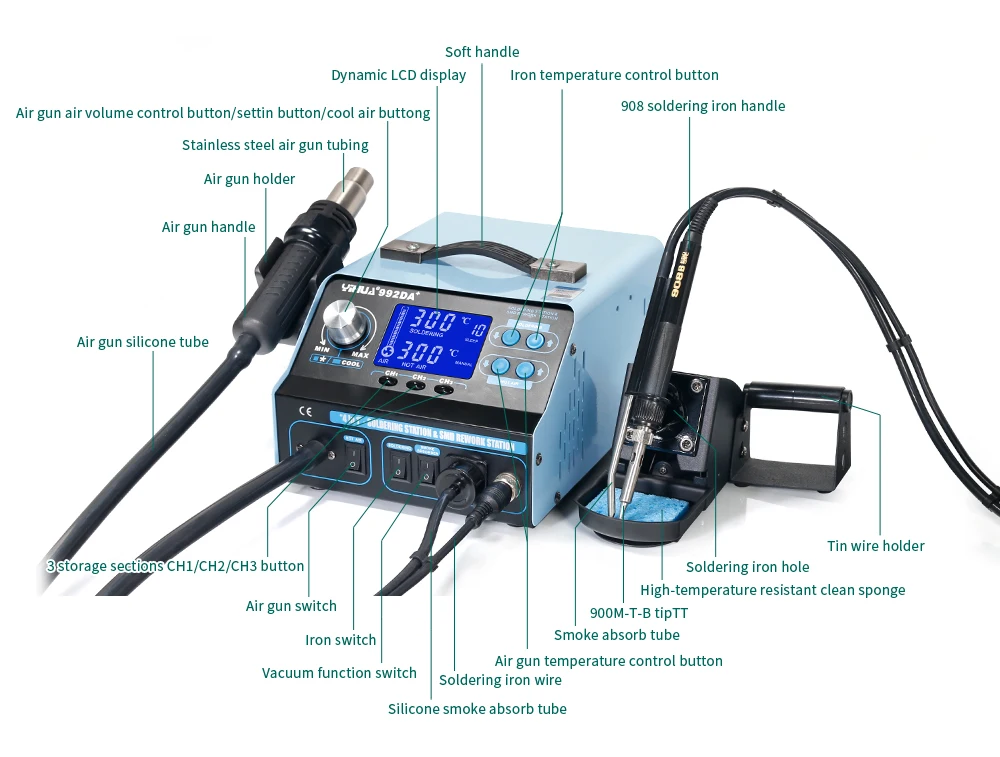 YIHUA 992DA+ lcd Цифровая триадная Тепловая пушка паяльная станция интеллектуальное копчение горячий воздух пайка Lron инструмент сварочная ремонтная доска