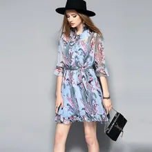 Blue Print Dress New Fashion Summer 2017 Ladies Ruffled Collar Tropical Tree Print Flare Sleeve Casual Chiffon Dress Mini Club