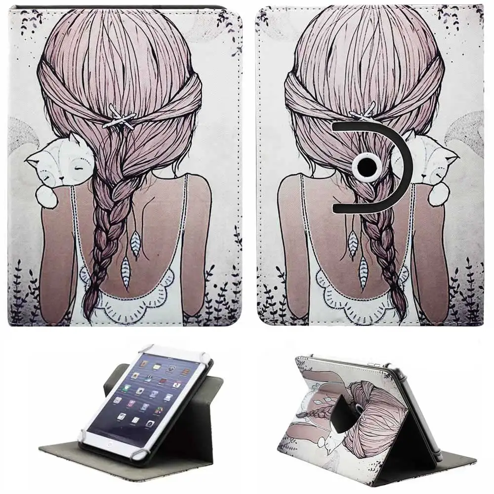 360 Вращающийся чехол, универсальный для 9,7, 10, 10,1 дюймов, планшет, ПК, мультяшный принт девушки, флип-чехол, подставка, чехол для huawei, samsung, lenovo