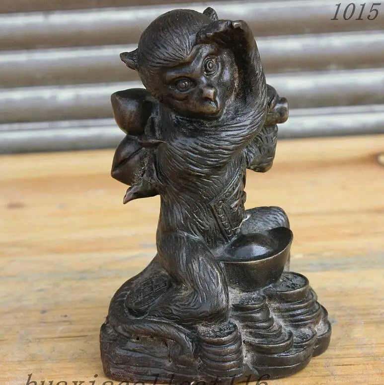 Lucky Chinese Bronze Copper Auspicious Monkey Wealth Coin Peach Statue Figurinefigurine jesus