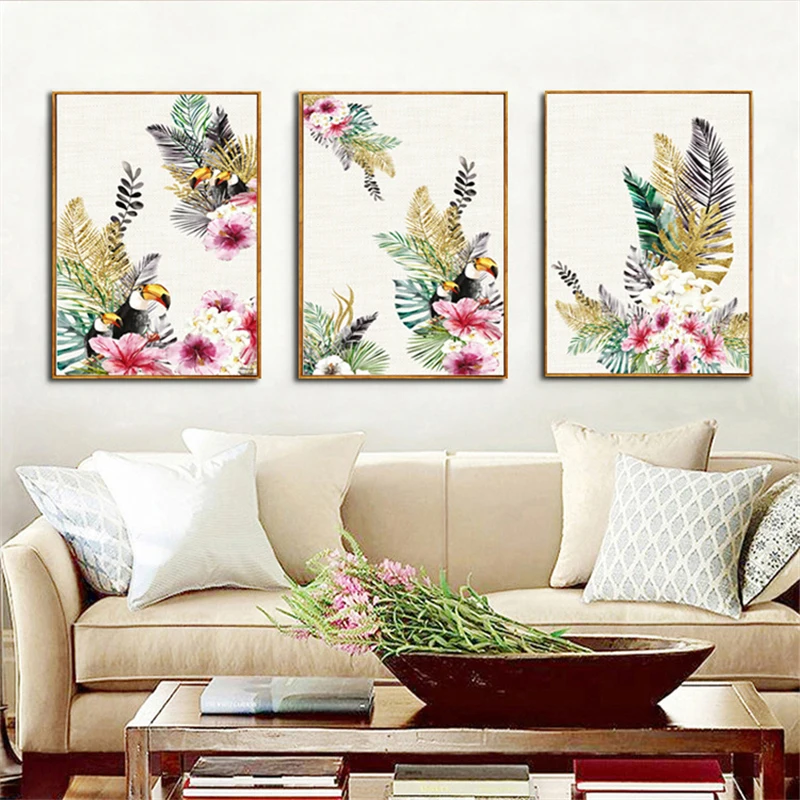 Estilo-chin-s-Da-Flor-Da-Aguarela-e-Aves-Tucano-Animais-Pintura-Da-Lona-Decora-o