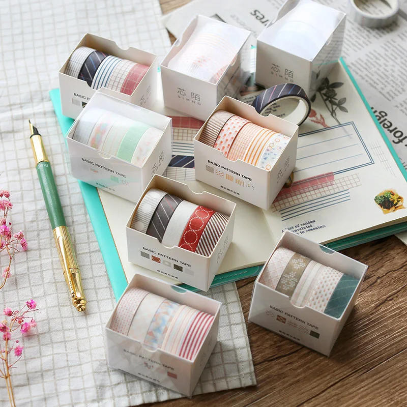 

5 Rolls/Set Grid Stripe Masking Washi Tape Set DIY Japanese Style Crafts and Scrapbooking Paper Decorative Stationery Stickers