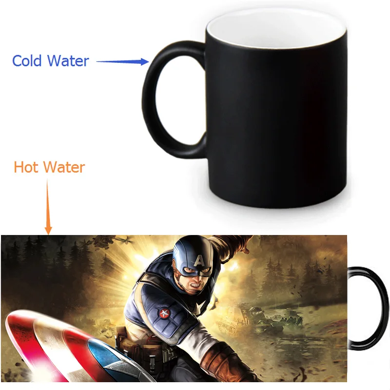 

12oz Captain America Heat Changing Color Ceramic Tea Cup Heat Sensitive Coffee Mug Transforming Black Magic Morphing Mug