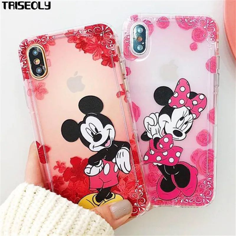 

Triseoly For iPhone 8 Plus Case Cartoon Color Stitch Mickey Minnie Soft Cover For iPhone X 7 6 6S Plus Case