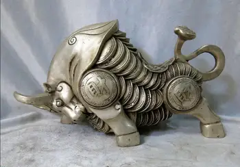 

Silver sculpture China carved fine treasure stock market Feng Shui Ox Statue