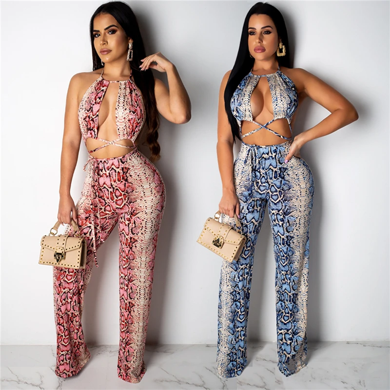 

Two Piece Set Women's Halter Collar Hollow Out Crop Tops and High Waist Snake Print Pants Outfits Club Party Wear Summer 2019