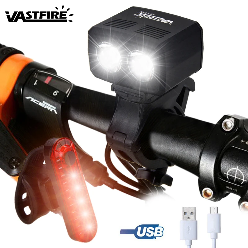 

USB Rechargeable Handlebar Bike Lights 5000LM 2X T6 LED Cycling Lamp with Built-in Battery+ Safety Taillight
