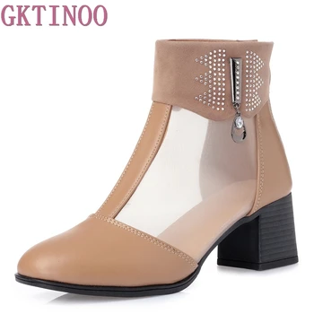 

GKTINOO Women Boots Leather Ankle Boots Lace Summer Boots Zapatos Chaussures Femme Square High Heel Women Shoes Sandals