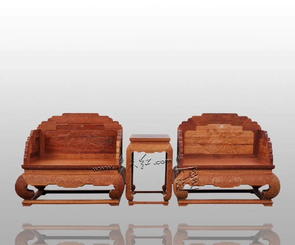 New Classical Rosewood Carving Lotus Imperial Throne Set 2 Armchairs Small Tea Table Set Hotel Drawing Room Solid Wood Furniture New Classical Rosewood Carving Lotus Imperial Throne Set 2 Armchairs Small Tea Table Set Hotel Drawing Room Solid Wood Furniture