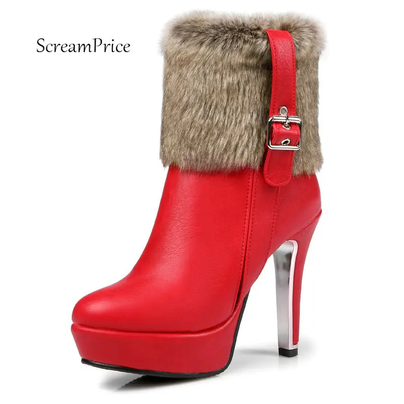 

Warm Winter Side Zipper Platform Fashion Buckle Ankle Boots Sexy High Heel Women Shoes Red Black White