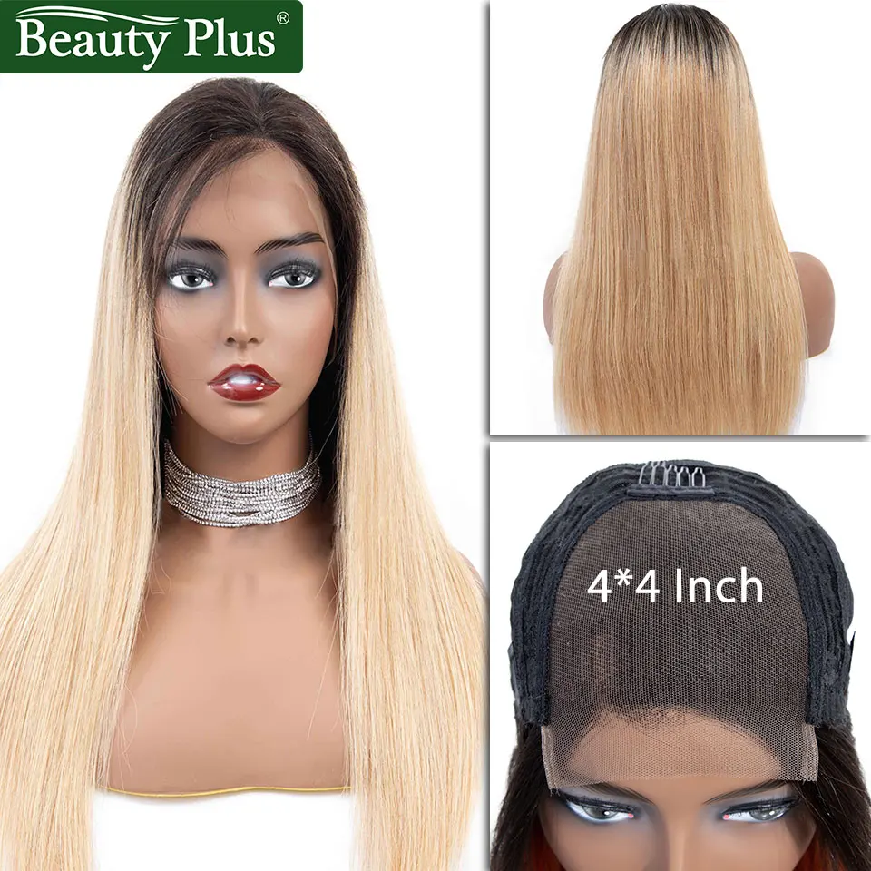

Blonde Lace Closure Wig 1b/27 Ombre Human Hair Wigs 4*4 Pre-Plucked Baby Hair Dark Roots Brazilian Straight Short Wig Remy BP