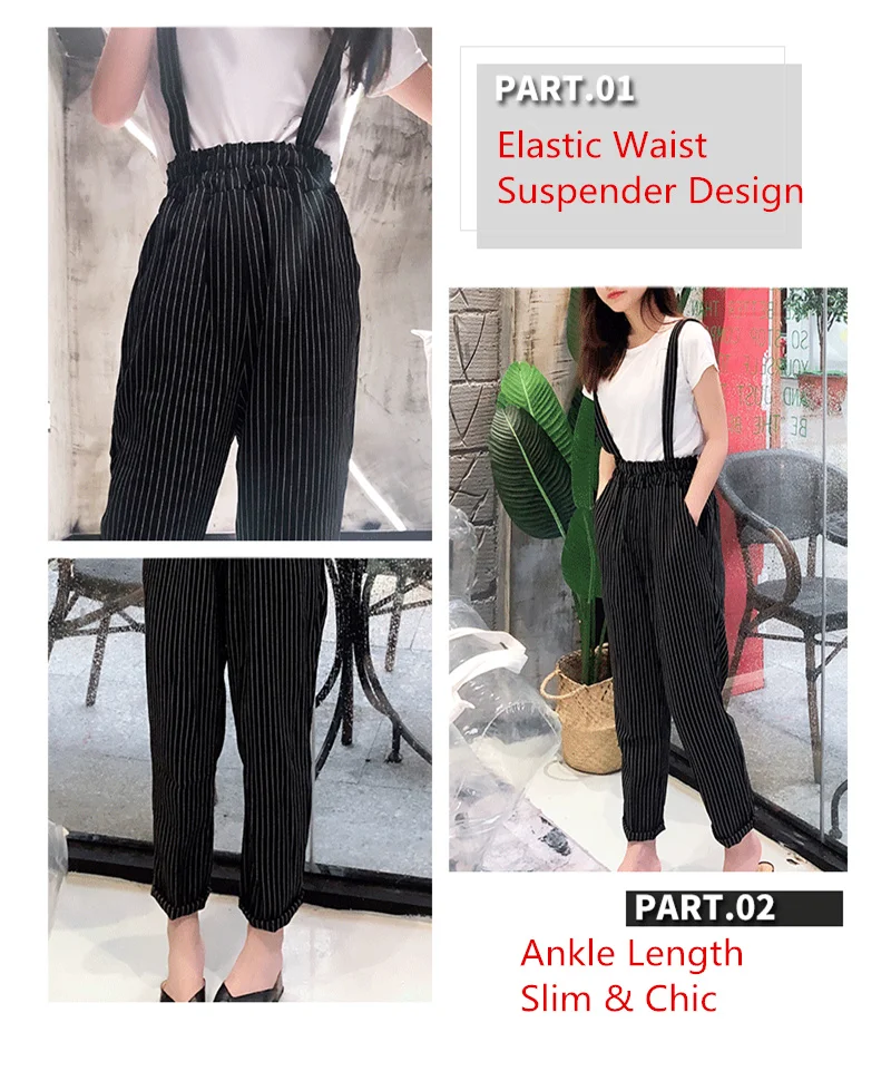 Streetwear Summer Pants Women 2019 Korean Style Casual Black Striped Elastic Waist Suspender Trousers Gray Plaid Overalls B308 Streetwear Summer Pants Women 2019 Korean Style Casual Black Striped Elastic Waist Suspender Trousers Gray Plaid Overalls B308