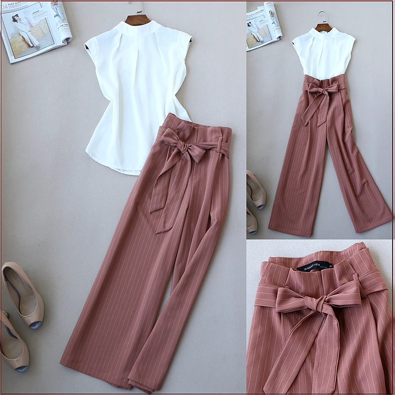 

Fashionable OL Women Stand Collar Chiffon Top and Wide Leg Pants Office Wear Clothing Set Summer Set