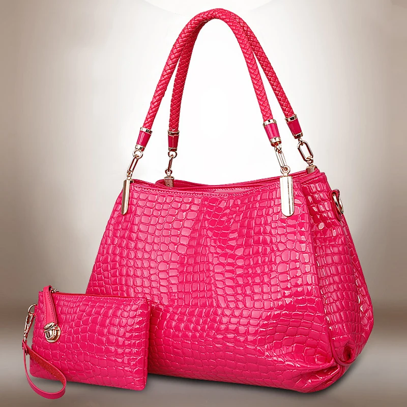 2 шт., женские сумки, женская сумка-тоут из крокодиловой кожи, большие сумки на плечо, сумка для монет/кошельков, женская сумка-мессенджер, кожаная сумка через плечо, композитная сумка - Цвет: rose red