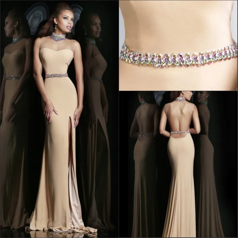 wholesale-2014 New Arrival Fashion Designed Elegant Mermaid O-neck Side Split Chiffon Champagne Long Prom Dress With A Shiny Sas | Свадьбы и