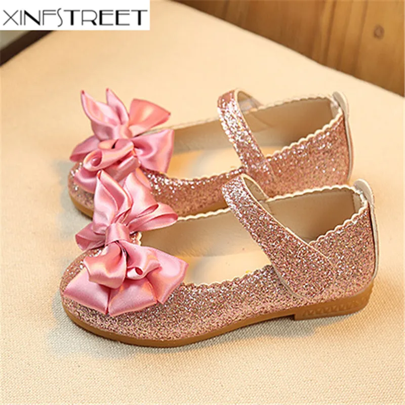Xinfstreet Girls Shoes Princess PU Leather Cute Bow Bling Baby Kids Shoes For Girls Designer