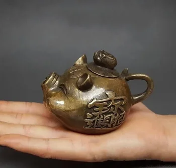 

Chinese Antique Bronze Zodiac Year Pig Bat Wealth Teapot
