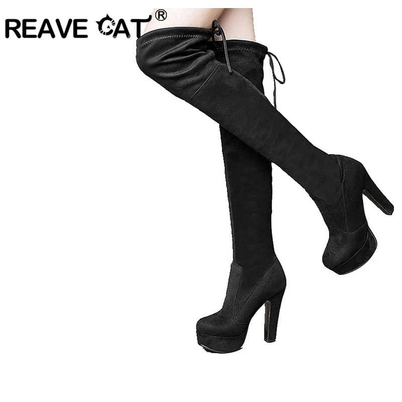 

REAVE CAT Women Thick Heel Over knee boots Winter warm Long boots Round toe Fashion botas Quality shoes High Heel Flock A874